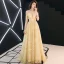 Modern / Fashion Gold See-through Evening Dresses  2019 A-Line / Princess Scoop Neck Short Sleeve Glitter Tulle Sweep Train Ruffle Backless Formal Dresses