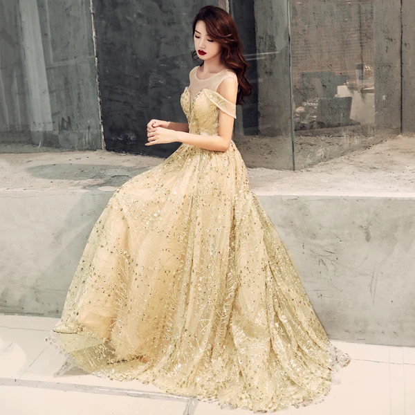 Modern / Fashion Gold See-through Evening Dresses 2019 A-Line / Princess Scoop Neck Short Sleeve Glitter Tulle Sweep Train Ruffle Backless Formal Dresses