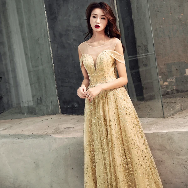 Modern / Fashion Gold See-through Evening Dresses 2019 A-Line / Princess Scoop Neck Short Sleeve Glitter Tulle Sweep Train Ruffle Backless Formal Dresses