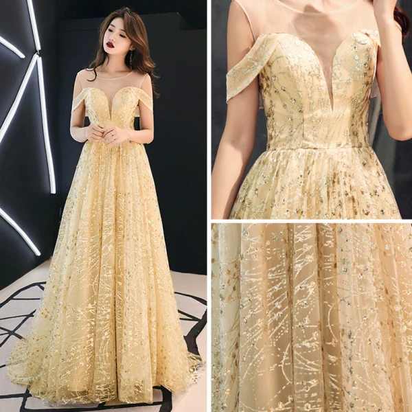 Modern / Fashion Gold See-through Evening Dresses 2019 A-Line / Princess Scoop Neck Short Sleeve Glitter Tulle Sweep Train Ruffle Backless Formal Dresses