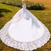 Affordable Champagne Wedding Dresses 2018 Ball Gown Scoop Neck Long Sleeve See-through Appliques Lace Pearl Ruffle Royal Train