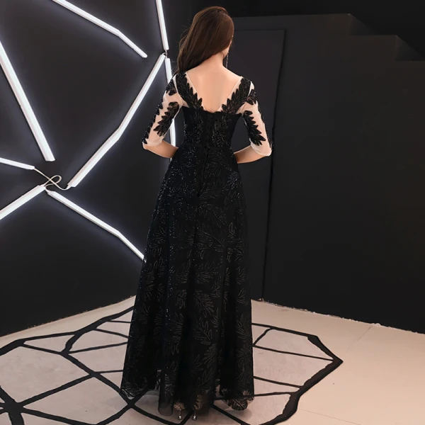 Chic / Belle Noire Transparentes Robe De Soirée 2019 Princesse Encolure Carrée 1/2 Manches Glitter Paillettes Longue Volants Dos Nu Robe De Ceremonie