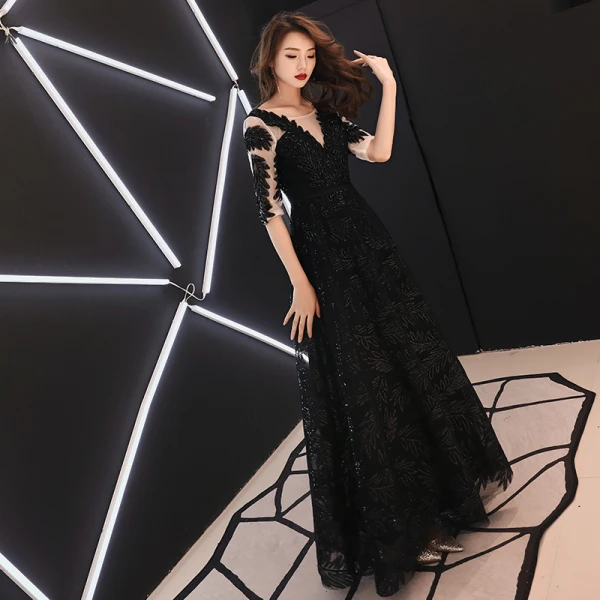 Chic / Belle Noire Transparentes Robe De Soirée 2019 Princesse Encolure Carrée 1/2 Manches Glitter Paillettes Longue Volants Dos Nu Robe De Ceremonie