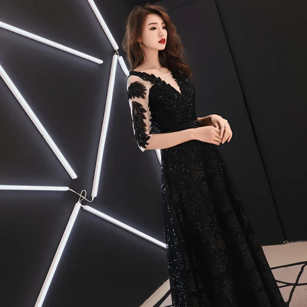 Chic / Belle Noire Transparentes Robe De Soirée 2019 Princesse Encolure Carrée 1/2 Manches Glitter Paillettes Longue Volants Dos Nu Robe De Ceremonie