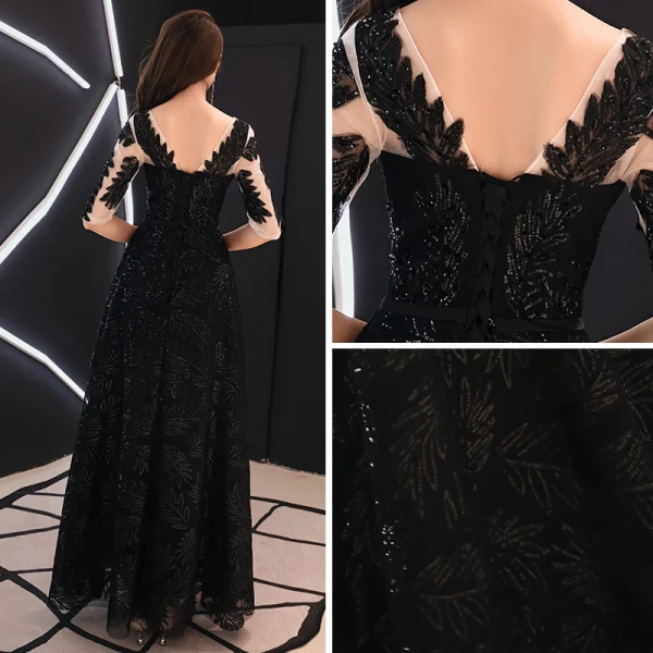 Chic / Belle Noire Transparentes Robe De Soirée 2019 Princesse Encolure Carrée 1/2 Manches Glitter Paillettes Longue Volants Dos Nu Robe De Ceremonie
