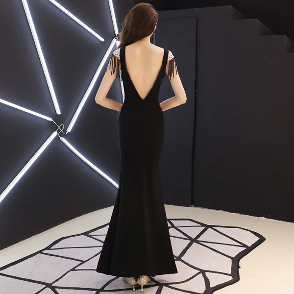 Sexy Noire Transparentes Robe De Soirée 2019 Trompette / Sirène V-Cou Mancherons Perlage Gland Fendue devant Longue Dos Nu Robe De Ceremonie