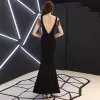 Sexy Black See-through Evening Dresses  2019 Trumpet / Mermaid V-Neck Cap Sleeves Beading Tassel Split Front Floor-Length / Long Backless Formal Dresses