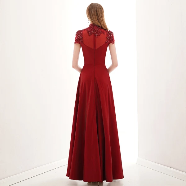Vintage / Retro Burgundy Dancing Prom Dresses 2021 A-Line / Princess See-through High Neck Short Sleeve Appliques Lace Beading Floor-Length / Long Ruffle Formal Dresses