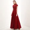 Vintage / Retro Burgundy Dancing Prom Dresses 2021 A-Line / Princess See-through High Neck Short Sleeve Appliques Lace Beading Floor-Length / Long Ruffle Formal Dresses