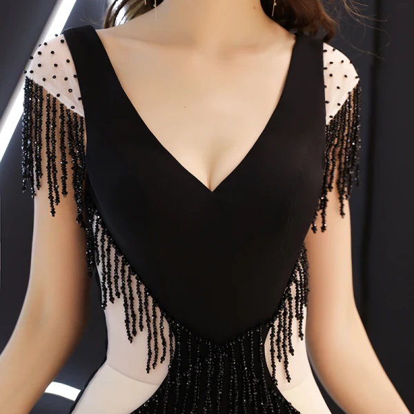 Sexy Noire Transparentes Robe De Soirée 2019 Trompette / Sirène V-Cou Mancherons Perlage Gland Fendue devant Longue Dos Nu Robe De Ceremonie
