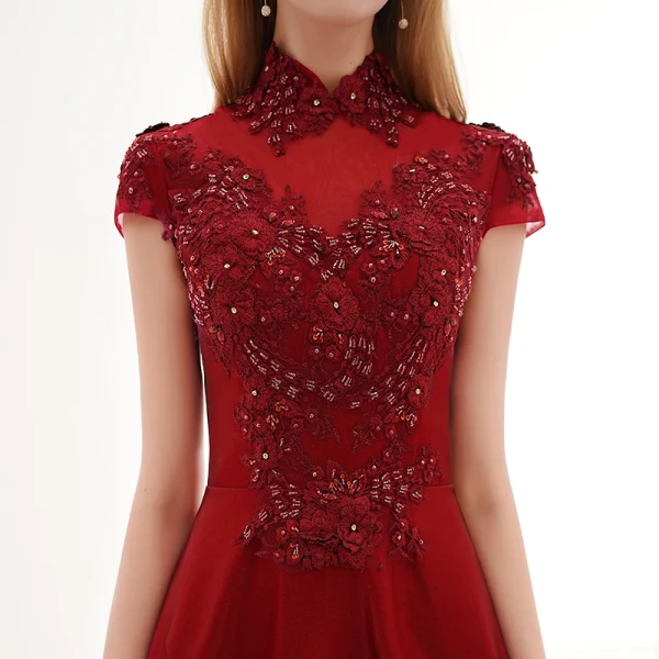 Vintage / Retro Burgundy Dancing Prom Dresses 2021 A-Line / Princess See-through High Neck Short Sleeve Appliques Lace Beading Floor-Length / Long Ruffle Formal Dresses