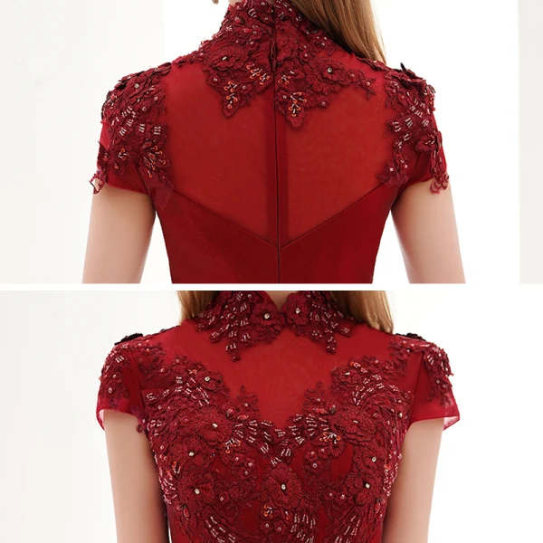 Vintage / Retro Burgundy Dancing Prom Dresses 2021 A-Line / Princess See-through High Neck Short Sleeve Appliques Lace Beading Floor-Length / Long Ruffle Formal Dresses