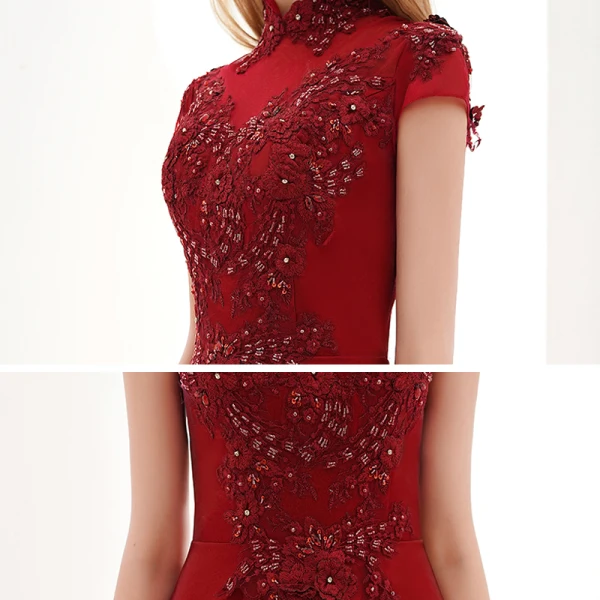 Vintage / Retro Burgundy Dancing Prom Dresses 2021 A-Line / Princess See-through High Neck Short Sleeve Appliques Lace Beading Floor-Length / Long Ruffle Formal Dresses