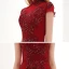 Vintage / Retro Burgundy Dancing Prom Dresses 2021 A-Line / Princess See-through High Neck Short Sleeve Appliques Lace Beading Floor-Length / Long Ruffle Formal Dresses
