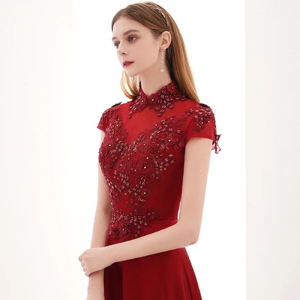 Vintage / Retro Burgundy Dancing Prom Dresses 2021 A-Line / Princess See-through High Neck Short Sleeve Appliques Lace Beading Floor-Length / Long Ruffle Formal Dresses