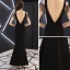 Sexy Noire Transparentes Robe De Soirée 2019 Trompette / Sirène V-Cou Mancherons Perlage Gland Fendue devant Longue Dos Nu Robe De Ceremonie