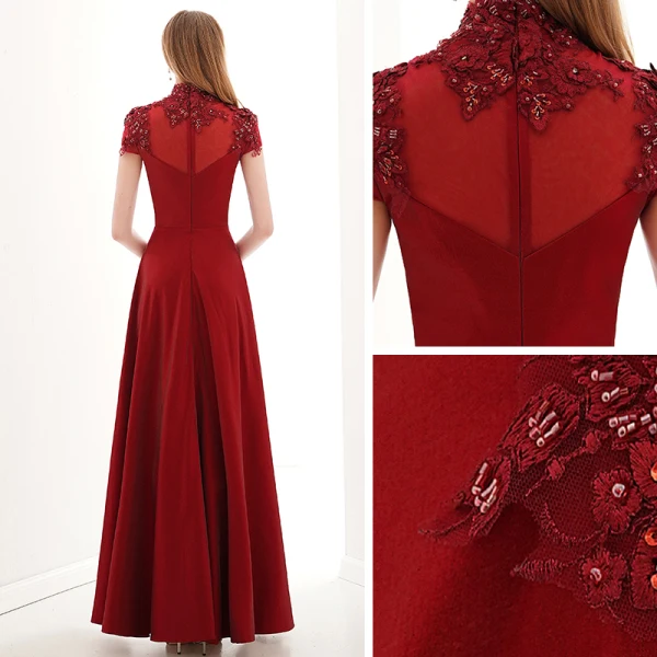Vintage / Retro Burgundy Dancing Prom Dresses 2021 A-Line / Princess See-through High Neck Short Sleeve Appliques Lace Beading Floor-Length / Long Ruffle Formal Dresses
