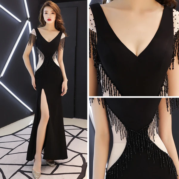 Sexy Noire Transparentes Robe De Soirée 2019 Trompette / Sirène V-Cou Mancherons Perlage Gland Fendue devant Longue Dos Nu Robe De Ceremonie
