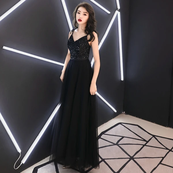 2 Pièces Noire Robe De Soirée 2019 Princesse Col Haut Manches Longues Transparentes Tachetée Tulle Glitter Paillettes Ceinture Longue Volants