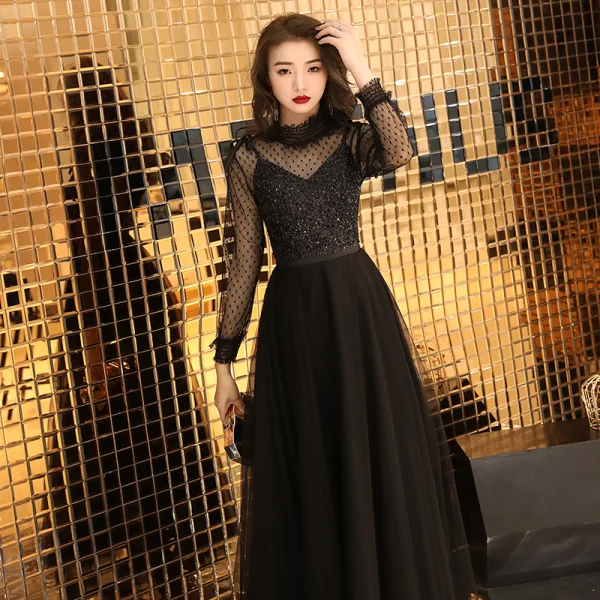 2 Pièces Noire Robe De Soirée 2019 Princesse Col Haut Manches Longues Transparentes Tachetée Tulle Glitter Paillettes Ceinture Longue Volants