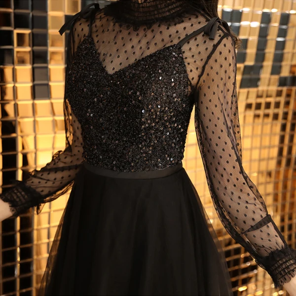 2 Pièces Noire Robe De Soirée 2019 Princesse Col Haut Manches Longues Transparentes Tachetée Tulle Glitter Paillettes Ceinture Longue Volants