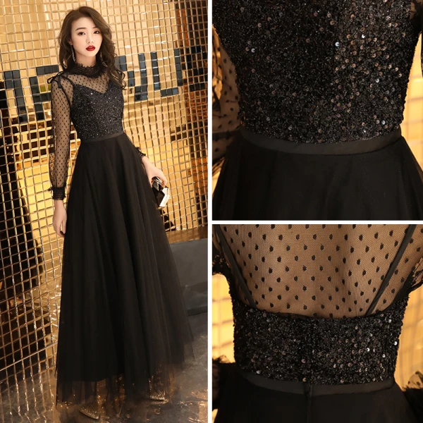 2 Pièces Noire Robe De Soirée 2019 Princesse Col Haut Manches Longues Transparentes Tachetée Tulle Glitter Paillettes Ceinture Longue Volants