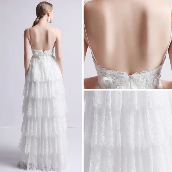 Simple Ivoire Robe De Mariée 2019 Princesse Bretelles Spaghetti Sans Manches Dos Nu Appliques En Dentelle Perle Longue Volants en Cascade