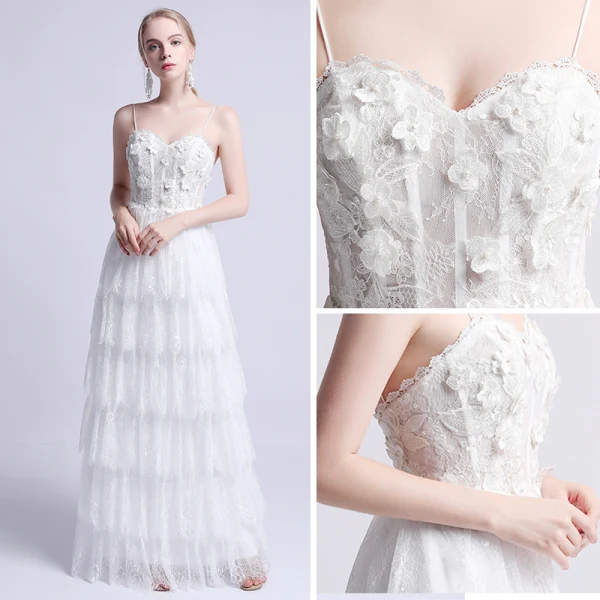 Simple Ivoire Robe De Mariée 2019 Princesse Bretelles Spaghetti Sans Manches Dos Nu Appliques En Dentelle Perle Longue Volants en Cascade