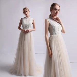 Vintage Champagne Bröllopsklänningar 2019 Prinsessa Hög Hals Ärmlös Appliqués Spets Svep Tåg Ruffle