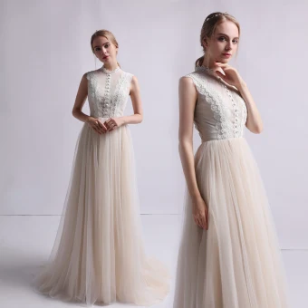 Vintage Champagne Brudekjoler 2019 Prinsesse Høy Hals Uten Ermer Appliques Blonder Feie Tog Buste