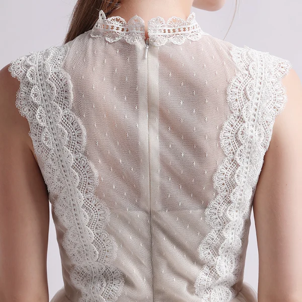 Vintage / Retro Champagne Wedding Dresses 2019 A-Line / Princess High Neck Sleeveless Appliques Lace Sweep Train Ruffle