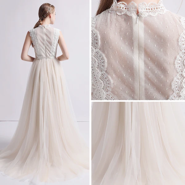 Vintage / Retro Champagne Wedding Dresses 2019 A-Line / Princess High Neck Sleeveless Appliques Lace Sweep Train Ruffle