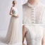 Vintage / Retro Champagne Wedding Dresses 2019 A-Line / Princess High Neck Sleeveless Appliques Lace Sweep Train Ruffle