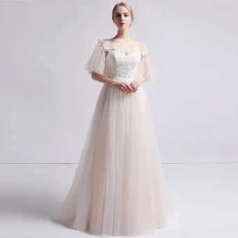 Simple Champagne Transparentes Robe De Mariée 2019 Princesse Encolure Dégagée Manches De Cloche Dos Nu Appliques En Dentelle Perle Train De Balayage Volants