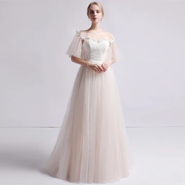Modest Simple Champagne See Through Wedding Dresses 2019 A Line Princess Scoop Neck Bell Sleeves Backless Appliques Lace Pearl Sweep Train Ruffle