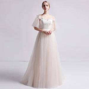 Sencillos Champán Transparentes Vestidos De Novia 2019 A Line Princess Scoop Escote Mangas De Campana Sin Espalda Apliques Con Encaje Perla Colas De Barrido Ruffle