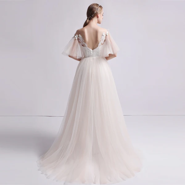 Simple Champagne Transparentes Robe De Mariée 2019 Princesse Encolure Dégagée Manches de cloche Dos Nu Appliques En Dentelle Perle Train De Balayage Volants