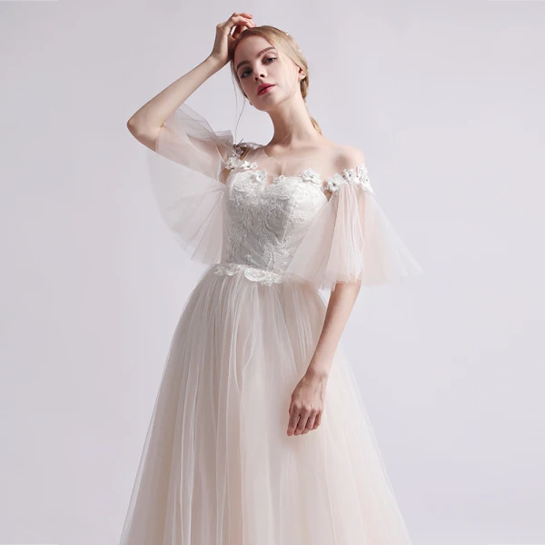 Simple Champagne Transparentes Robe De Mariée 2019 Princesse Encolure Dégagée Manches de cloche Dos Nu Appliques En Dentelle Perle Train De Balayage Volants