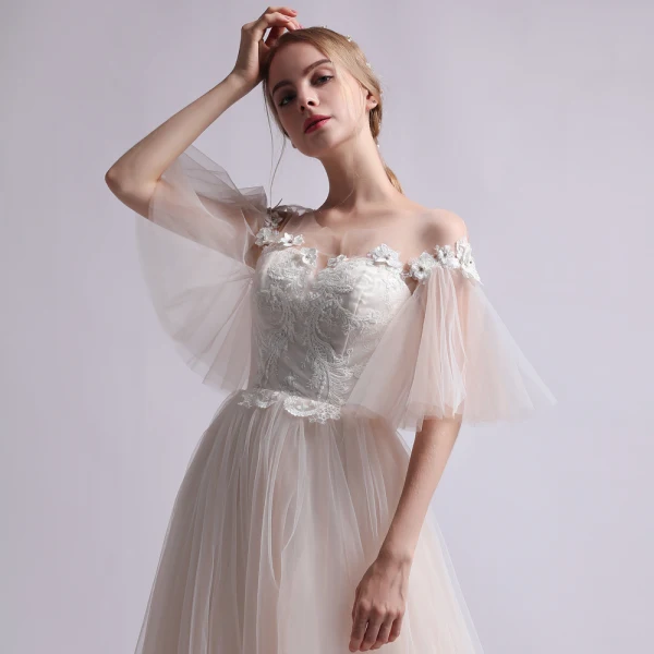 Simple Champagne Transparentes Robe De Mariée 2019 Princesse Encolure Dégagée Manches de cloche Dos Nu Appliques En Dentelle Perle Train De Balayage Volants