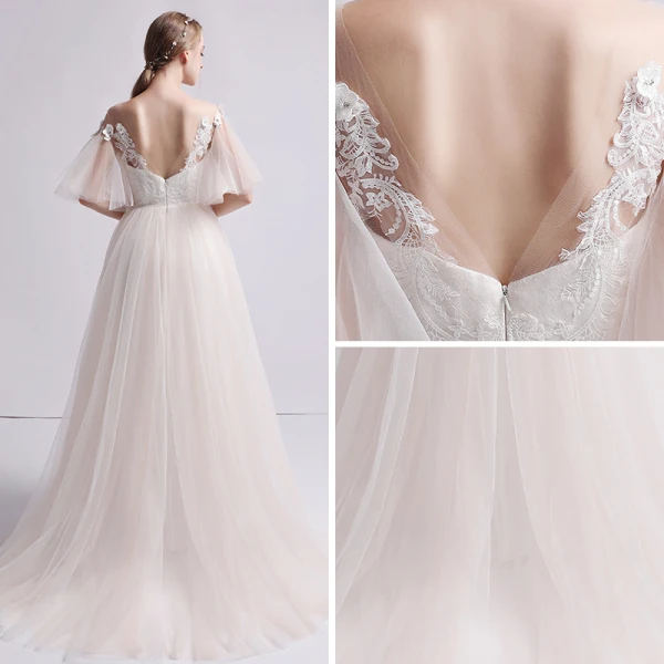 Simple Champagne Transparentes Robe De Mariée 2019 Princesse Encolure Dégagée Manches de cloche Dos Nu Appliques En Dentelle Perle Train De Balayage Volants
