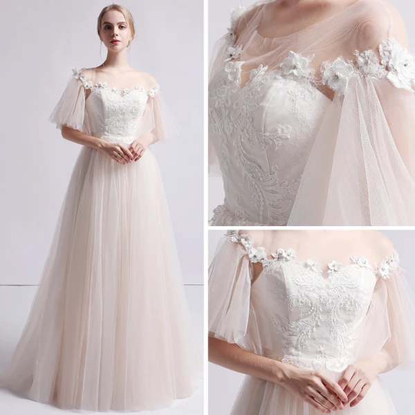 Simple Champagne Transparentes Robe De Mariée 2019 Princesse Encolure Dégagée Manches de cloche Dos Nu Appliques En Dentelle Perle Train De Balayage Volants