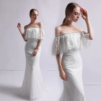 Modest Simple Ivory Lace Wedding Dresses 2019 Trumpet Mermaid Off The Shoulder 1 2 Sleeves Backless Sweep Train Ruffle