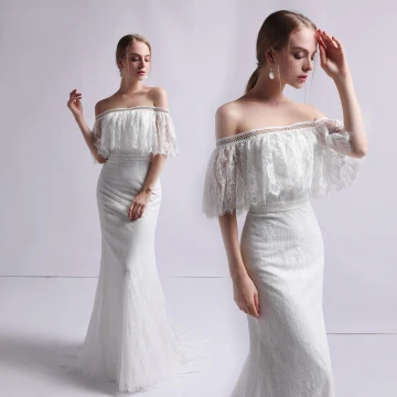 Sencillos Marfil De Encaje Vestidos De Novia 2019 Trumpet Mermaid Fuera Del Hombro 1 2 Ærmer Sin Espalda Colas De Barrido Ruffle