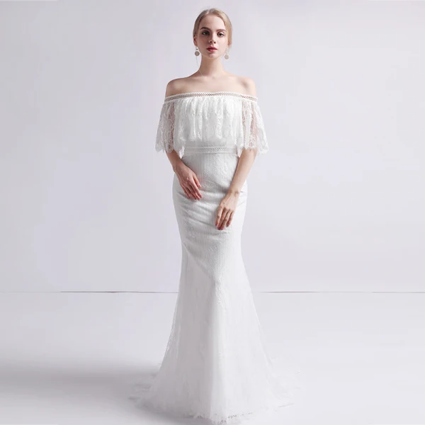 Schlicht Ivory / Creme Spitze Brautkleider / Hochzeitskleider 2019 Meerjungfrau Off Shoulder 1/2 Ärmel Rückenfreies Sweep / Pinsel Zug Rüschen