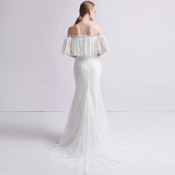 Schlicht Ivory / Creme Spitze Brautkleider / Hochzeitskleider 2019 Meerjungfrau Off Shoulder 1/2 Ärmel Rückenfreies Sweep / Pinsel Zug Rüschen