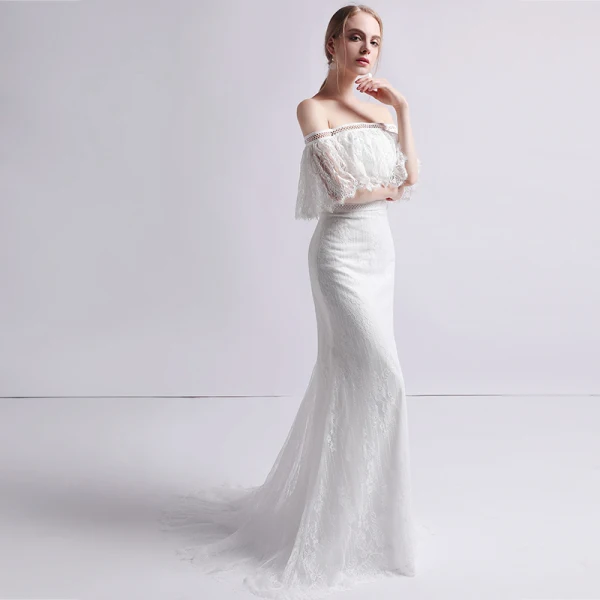 Schlicht Ivory / Creme Spitze Brautkleider / Hochzeitskleider 2019 Meerjungfrau Off Shoulder 1/2 Ärmel Rückenfreies Sweep / Pinsel Zug Rüschen
