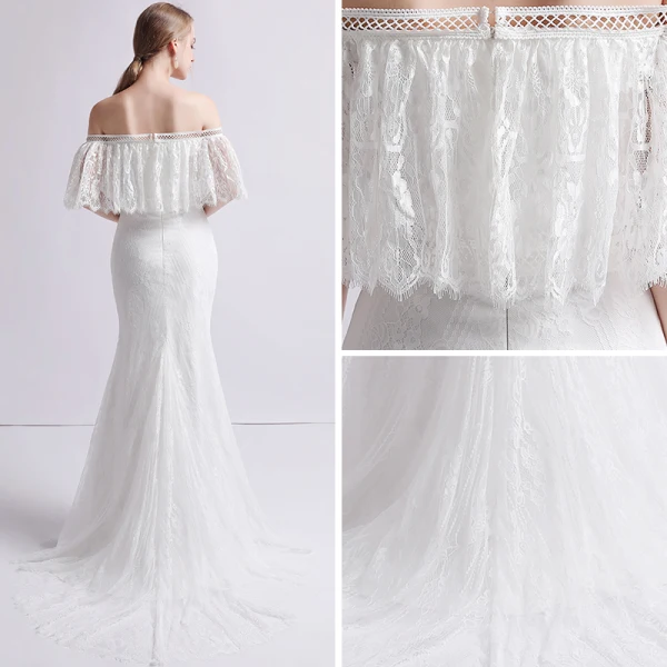 Schlicht Ivory / Creme Spitze Brautkleider / Hochzeitskleider 2019 Meerjungfrau Off Shoulder 1/2 Ärmel Rückenfreies Sweep / Pinsel Zug Rüschen