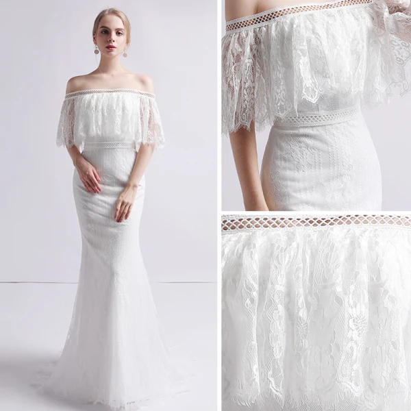 Schlicht Ivory / Creme Spitze Brautkleider / Hochzeitskleider 2019 Meerjungfrau Off Shoulder 1/2 Ärmel Rückenfreies Sweep / Pinsel Zug Rüschen