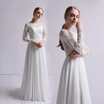 Moderne Mode Ivoire Chiffon Transparentes Robe De Mariée 2019 Gaine Ajustement Encolure Carrée Gonflée Manches Longues Train De Balayage Volants