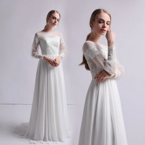 Moda Marfil Gasa Transparentes Vestidos De Novia 2019 Sheath / Fit Escote Cuadrado Hinchado Manga Larga Colas De Barrido Ruffle